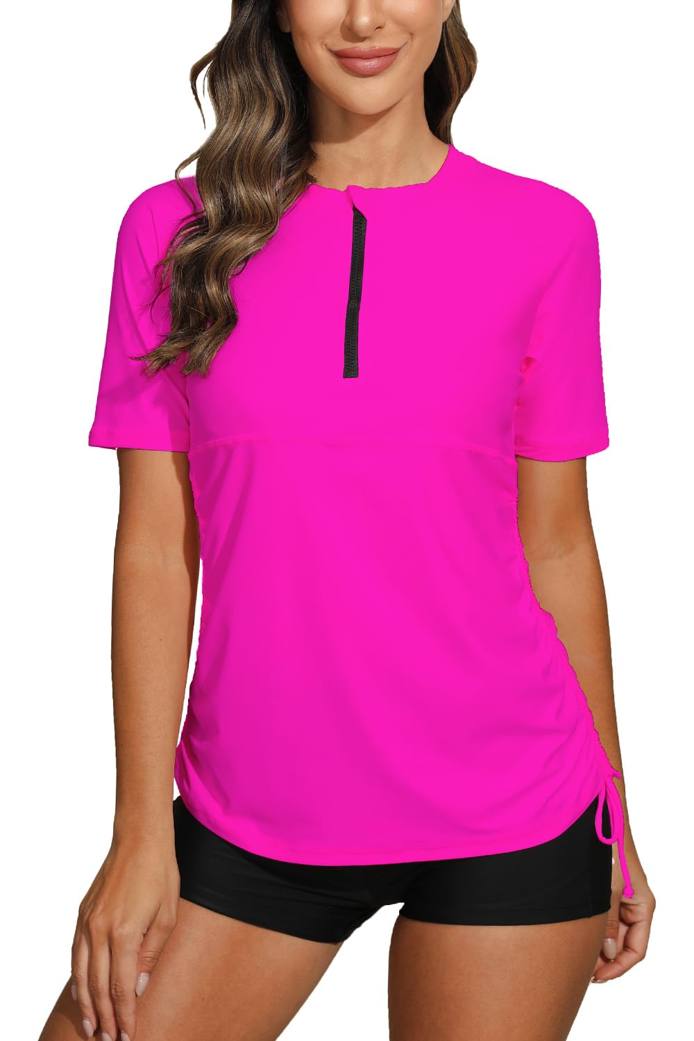 Halcurt Women's Half Zip Short Sleeve Rash Guard Swimsuit Top Ruched Swim Shirt UPF50+ Quick Dry Bathing Suit