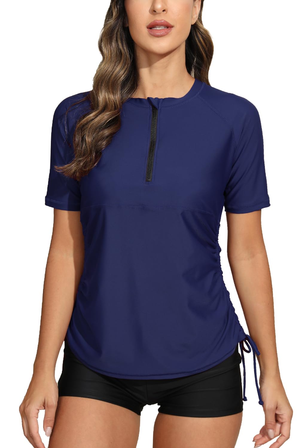 Halcurt Women's Half Zip Short Sleeve Rash Guard Swimsuit Top Ruched Swim Shirt UPF50+ Quick Dry Bathing Suit