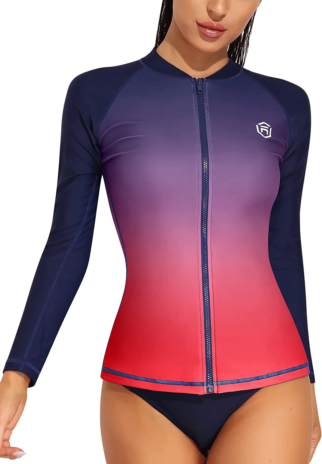 ATTRACO Women's Long Sleeve Rash Guard UV Sun Protection Zipper Gradient Swimsuit Top