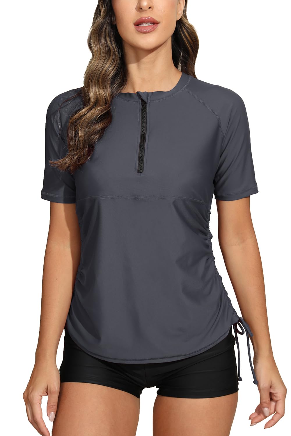 Halcurt Women's Half Zip Short Sleeve Rash Guard Swimsuit Top Ruched Swim Shirt UPF50+ Quick Dry Bathing Suit