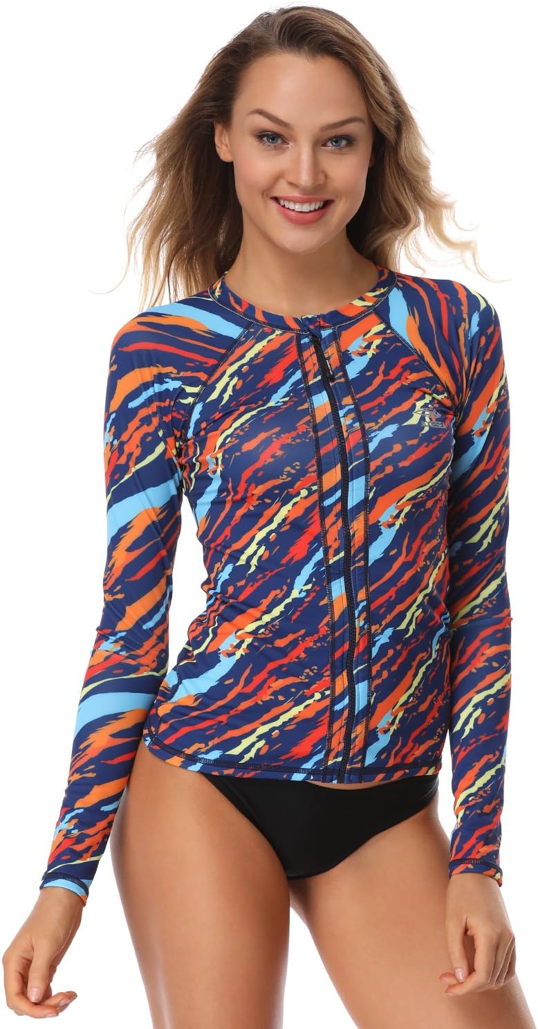 AXESEA Women Long Sleeve Rash Guard UPF 50+ UV Sun Protection Zip Front Swimsuit Shirt Printed Surfing Shirt Top