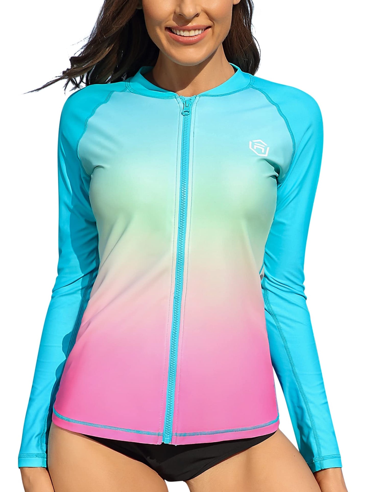 ATTRACO Women's Long Sleeve Rash Guard UV Sun Protection Zipper Gradient Swimsuit Top