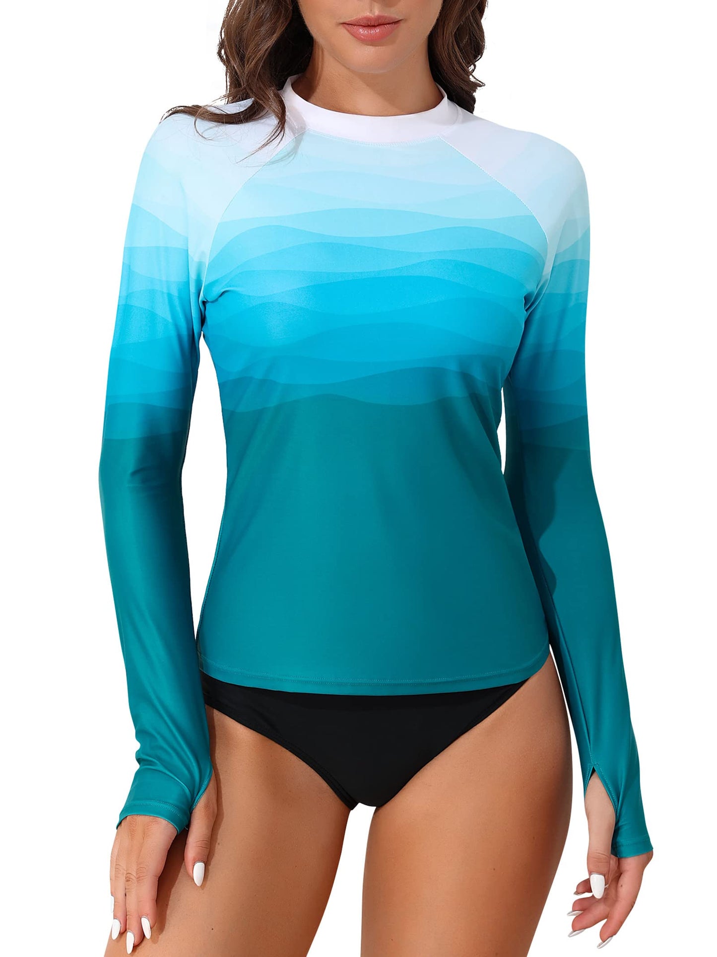 ATTRACO Women's Rash Guard Swim Shirt Long Sleeve Uv Sun Protection Quick Dry Lightweight Printed Shirts with Thumb Holes