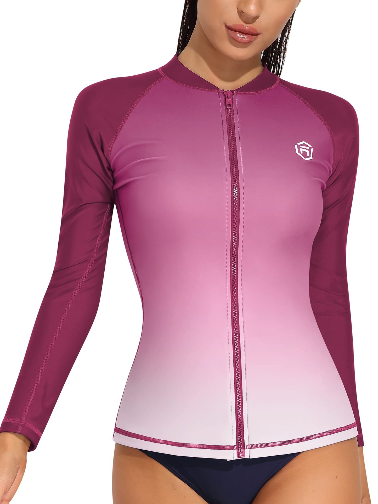 ATTRACO Women's Long Sleeve Rash Guard UV Sun Protection Zipper Gradient Swimsuit Top
