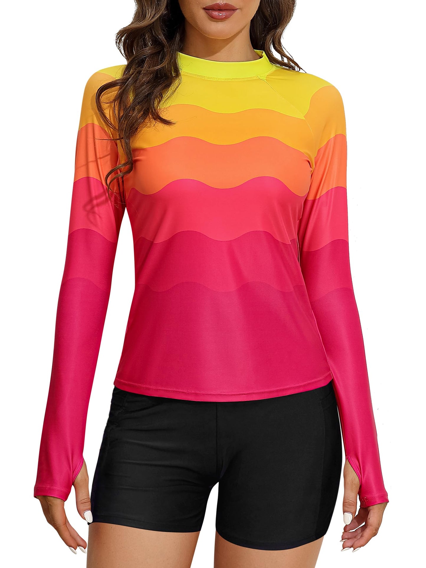 ATTRACO Women's Rash Guard Swim Shirt Long Sleeve Uv Sun Protection Quick Dry Lightweight Printed Shirts with Thumb Holes