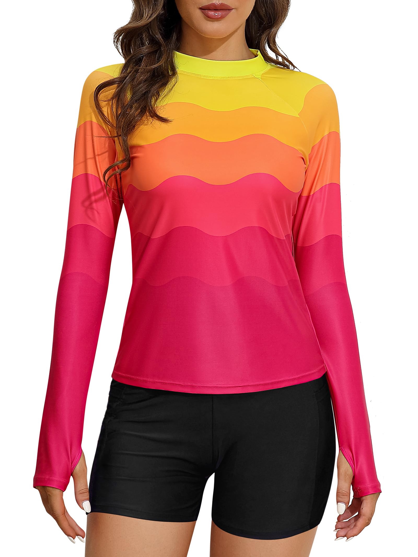 ATTRACO Women's Rash Guard Swim Shirt Long Sleeve Uv Sun Protection Quick Dry Lightweight Printed Shirts with Thumb Holes