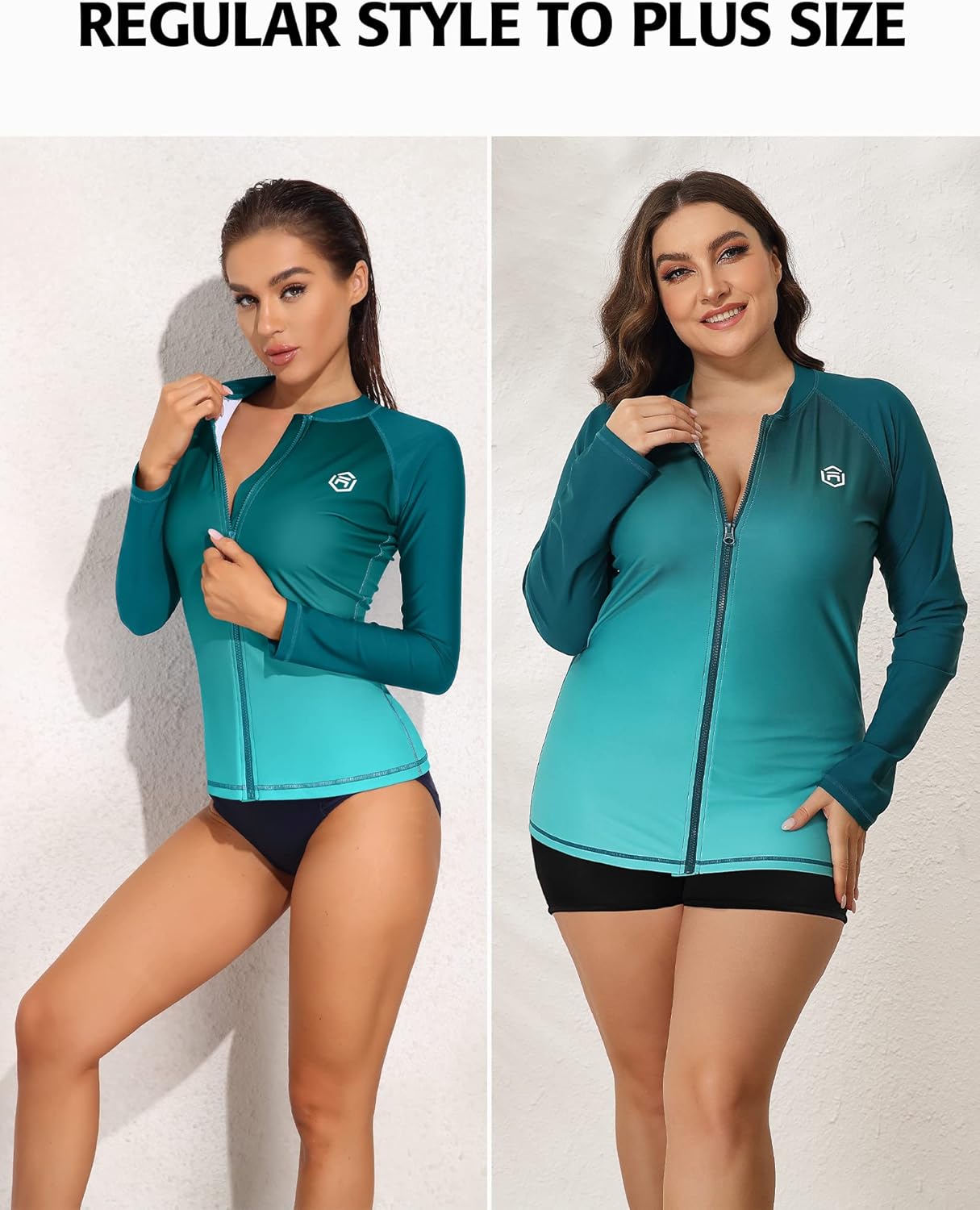 ATTRACO Women's Long Sleeve Rash Guard UV Sun Protection Zipper Gradient Swimsuit Top