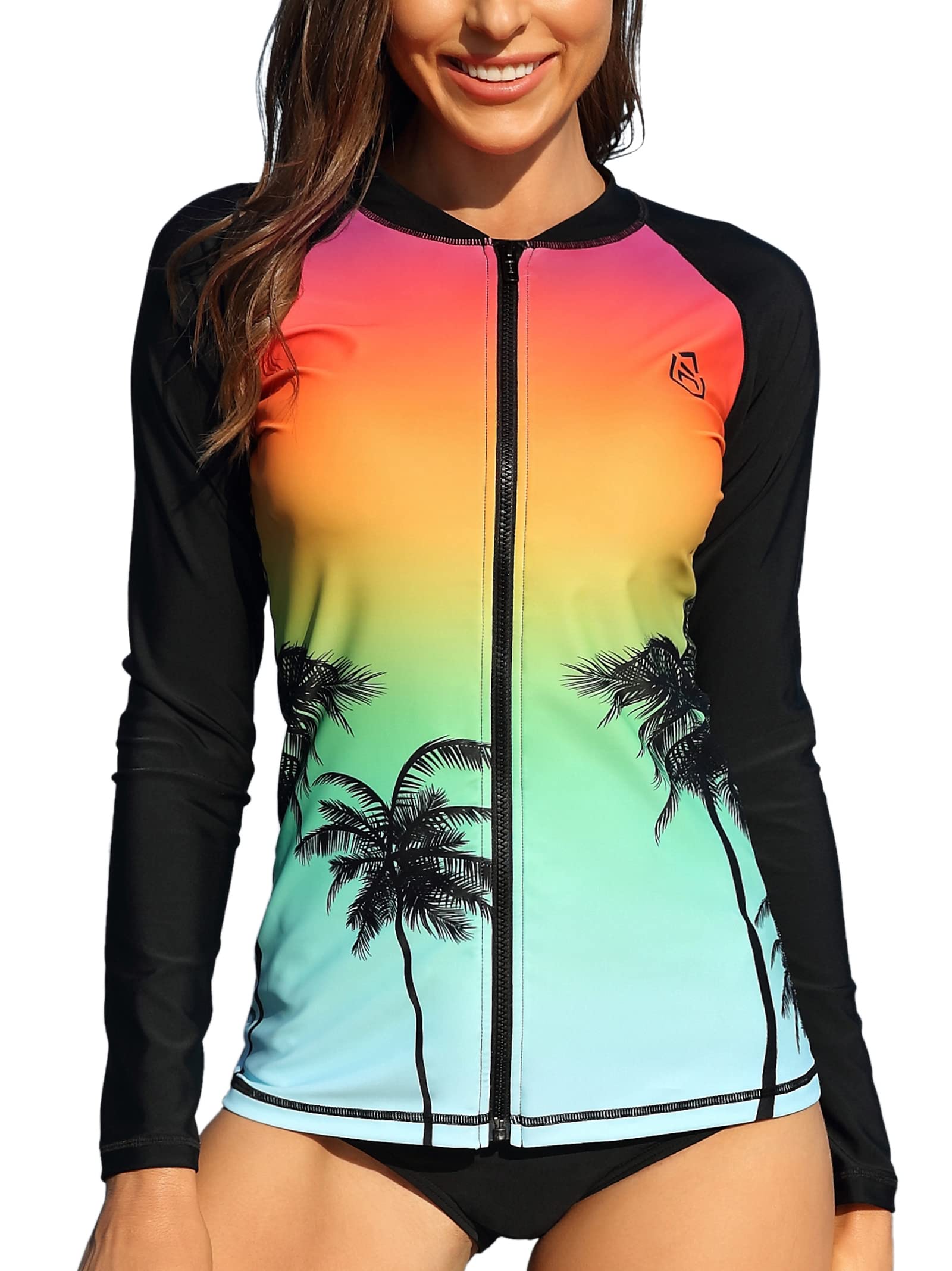 ATTRACO Women's Long Sleeve Rash Guard UV Sun Protection Zipper Gradient Swimsuit Top
