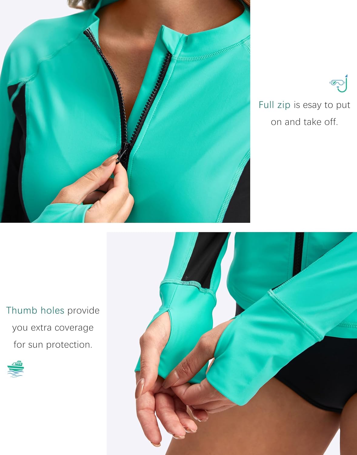 SANTINY Women's Rash Guard Zipper Pockets UPF50+ Sun Protection Long Sleeve Swimsuit Top Zip Front Swim Shirt for Women