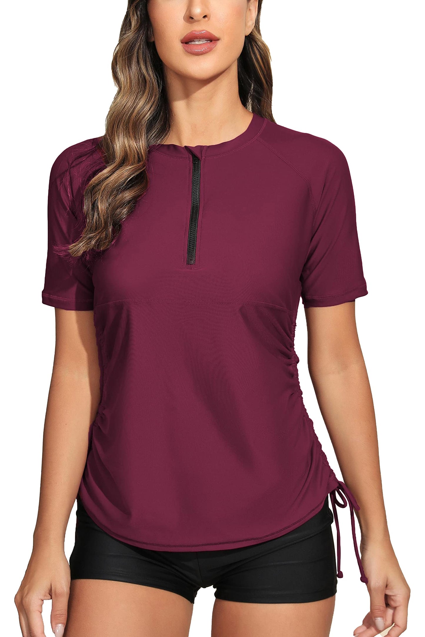 Halcurt Women's Half Zip Short Sleeve Rash Guard Swimsuit Top Ruched Swim Shirt UPF50+ Quick Dry Bathing Suit