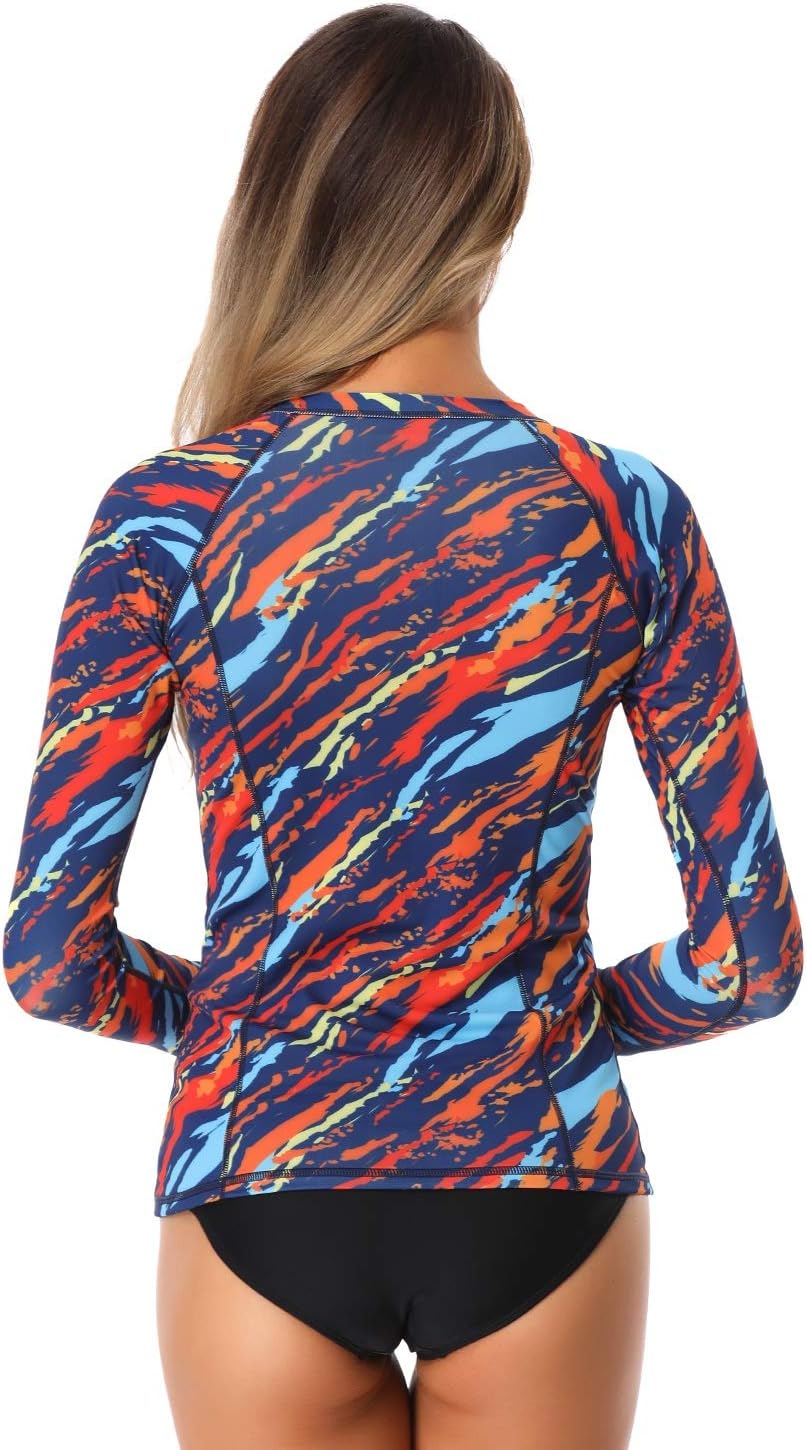 AXESEA Women Long Sleeve Rash Guard UPF 50+ UV Sun Protection Zip Front Swimsuit Shirt Printed Surfing Shirt Top