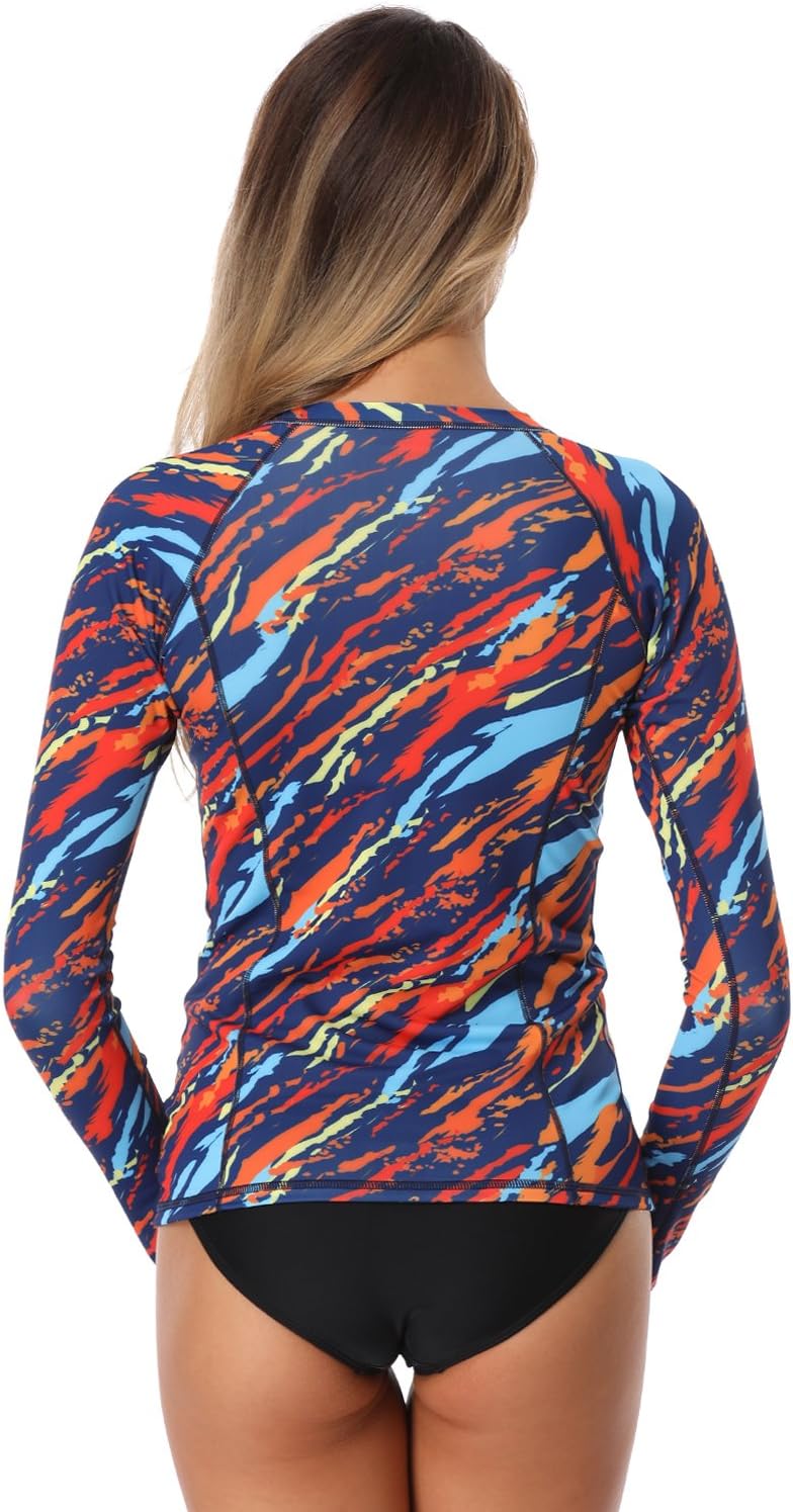 AXESEA Women Long Sleeve Rash Guard UPF 50+ UV Sun Protection Zip Front Swimsuit Shirt Printed Surfing Shirt Top