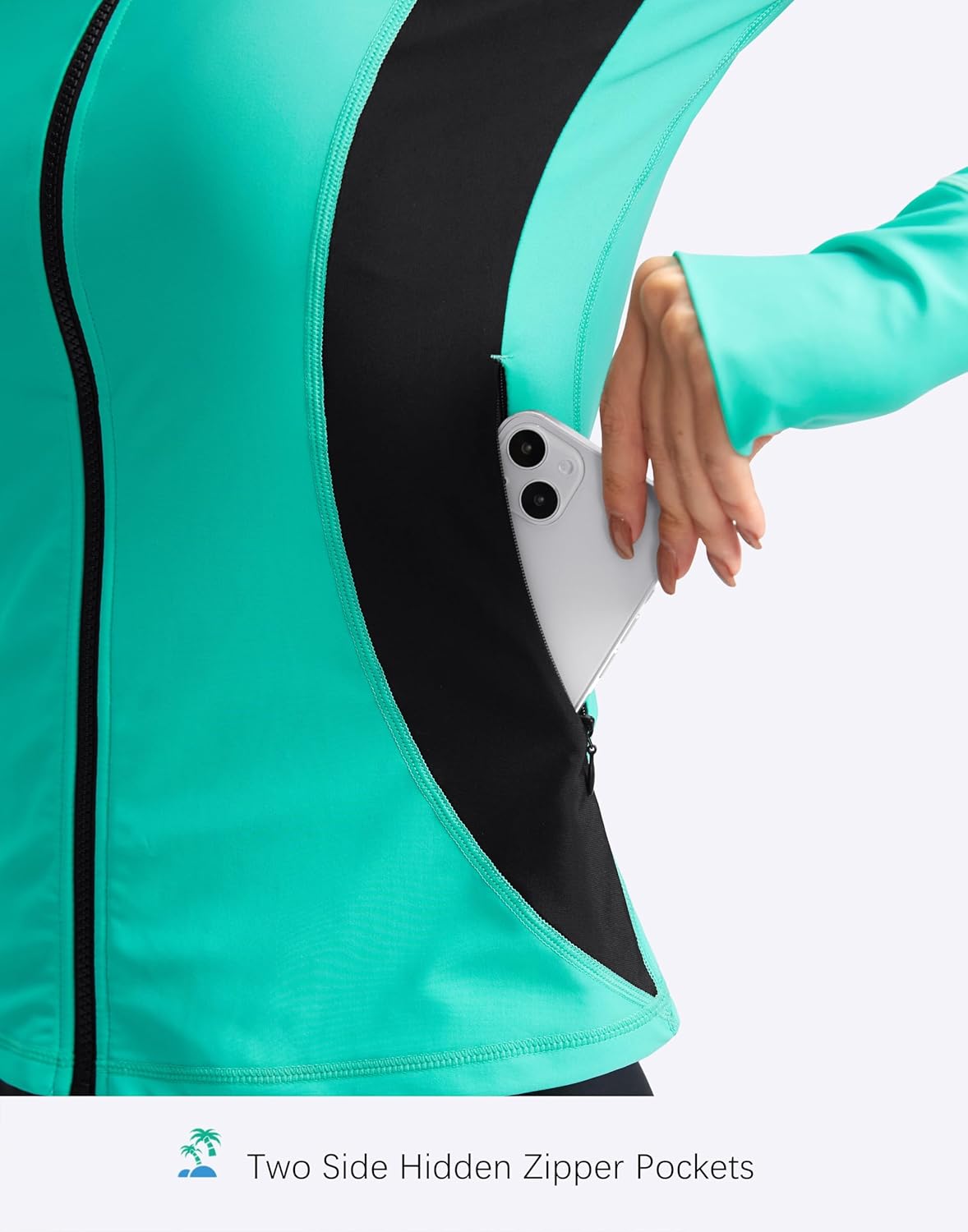 SANTINY Women's Rash Guard Zipper Pockets UPF50+ Sun Protection Long Sleeve Swimsuit Top Zip Front Swim Shirt for Women