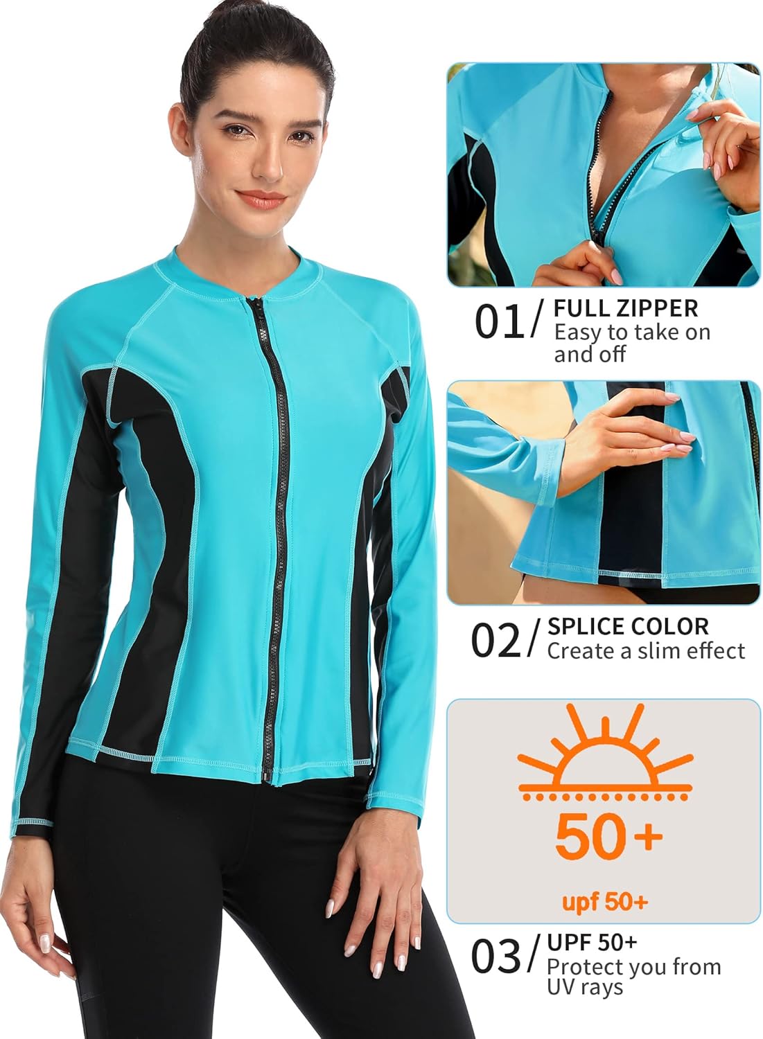 ATTRACO Women's Rashguard Swimsuit Zip Front Sun Protection Swim Shirt UPF 50+