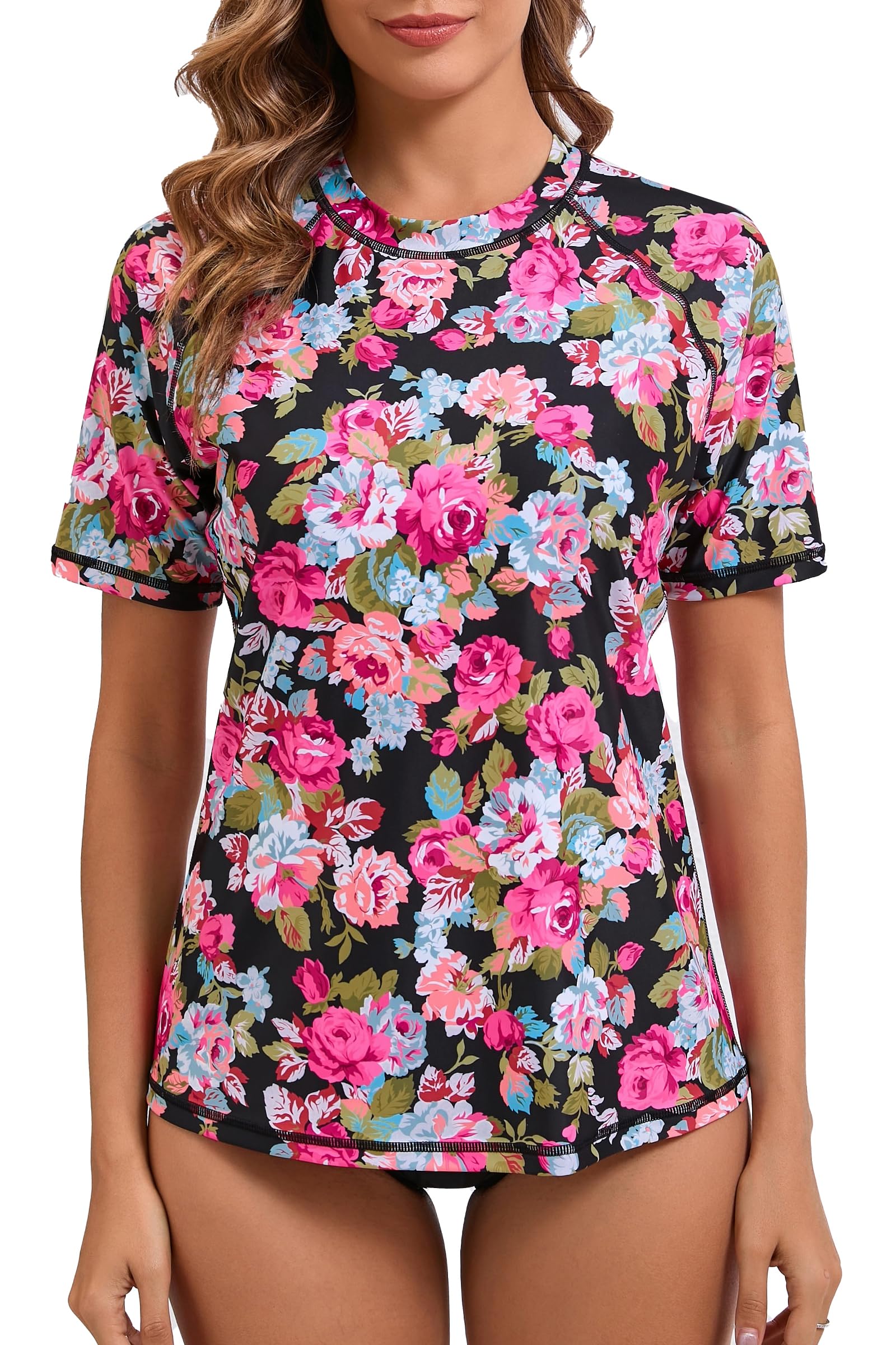 Halcurt Women's Short Sleeve Rash Guard Swimsuit Top with Built in Bra Swim Shirt UPF50+ Quick Dry Bathing Suit