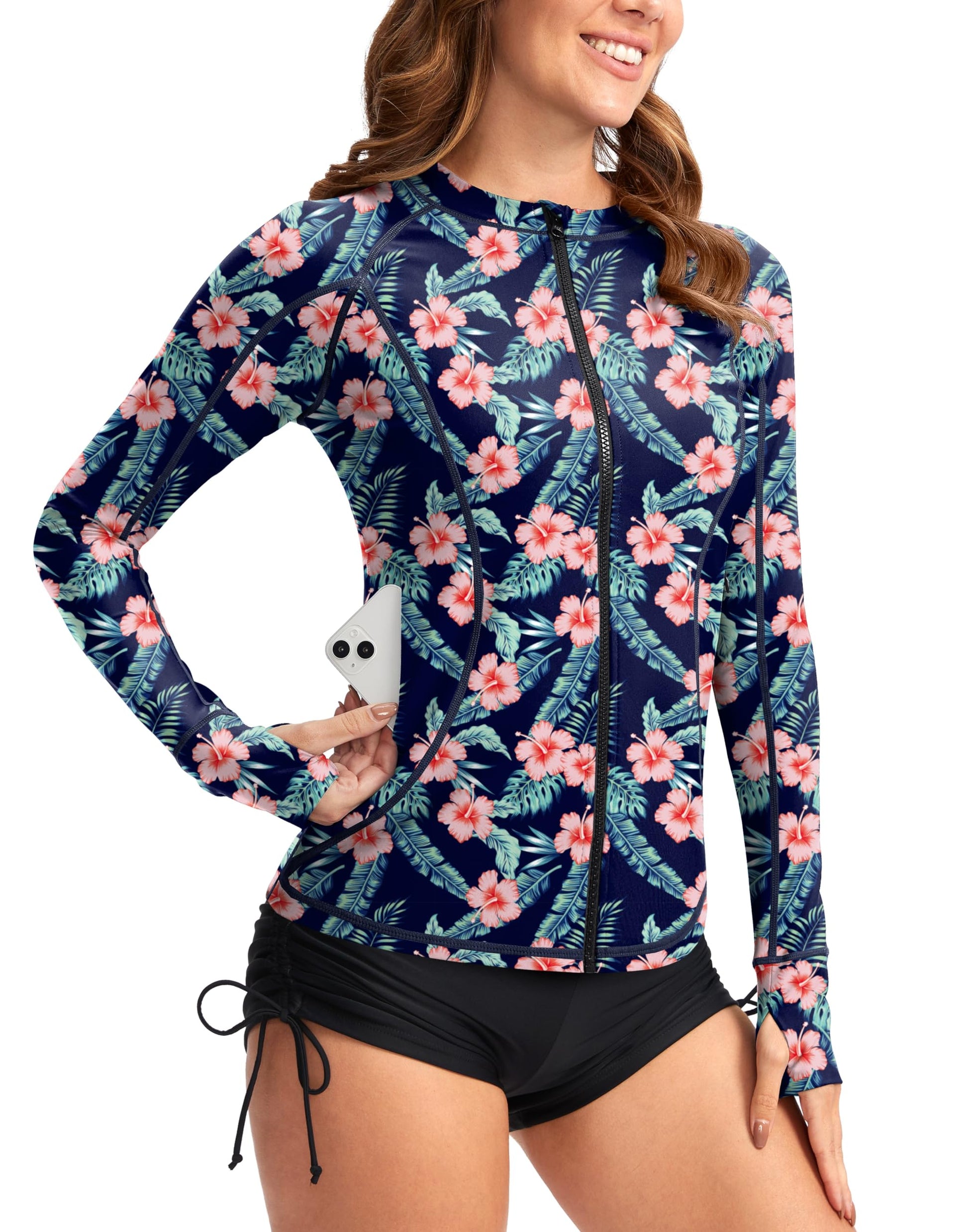 SANTINY Women's Rash Guard Zipper Pockets UPF50+ Sun Protection Long Sleeve Swimsuit Top Zip Front Swim Shirt for Women