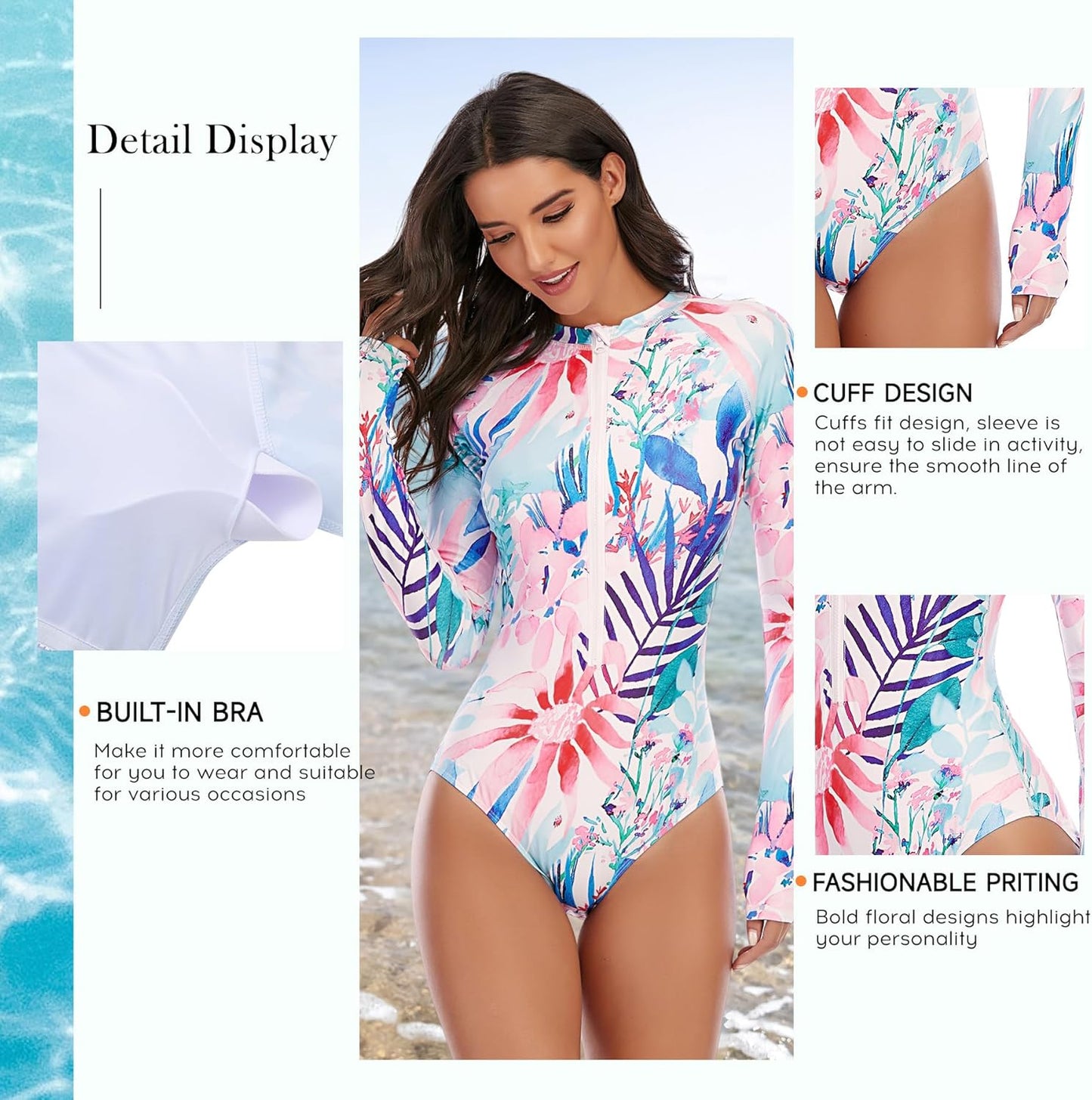 Zando Long Sleeve Swimsuit Women UPF 50+ One Piece for Womens Zip Floral Athletic Swim Wear Bathing Suit