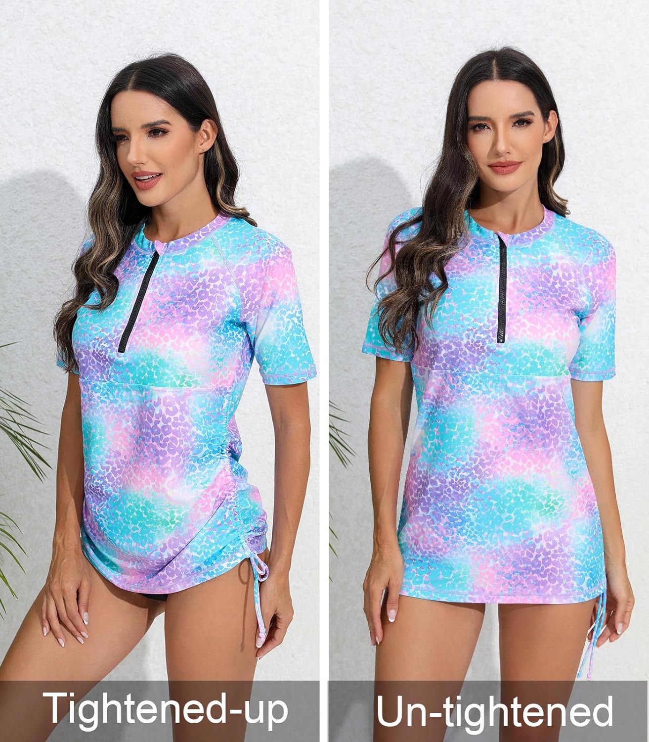 Halcurt Women's Half Zip Short Sleeve Rash Guard Swimsuit Top Ruched Swim Shirt UPF50+ Quick Dry Bathing Suit