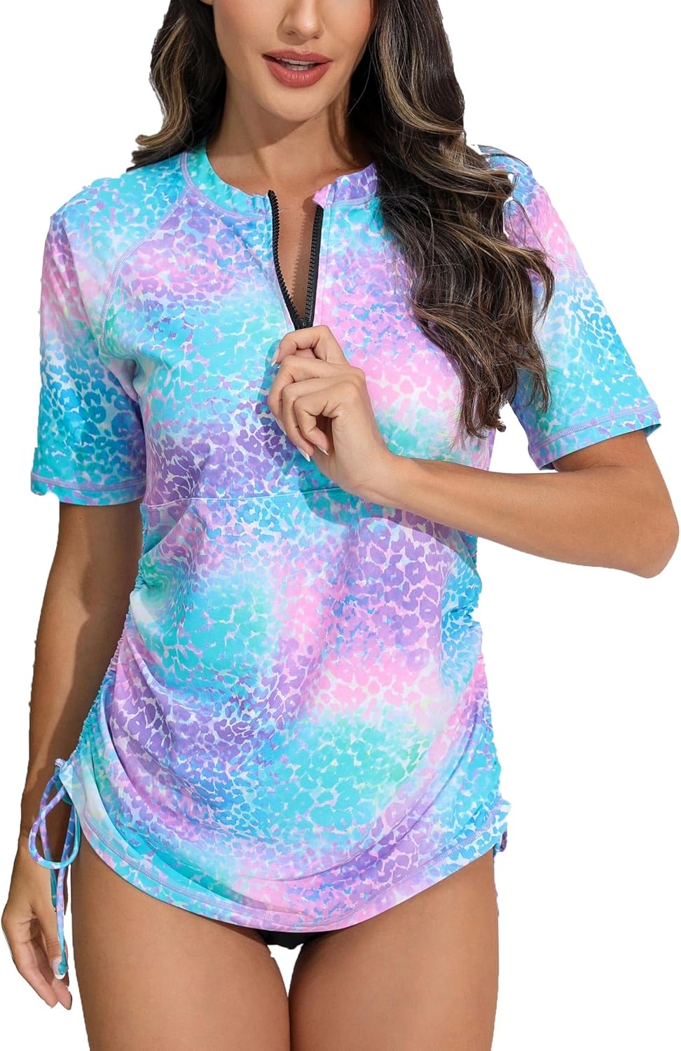 Halcurt Women's Half Zip Short Sleeve Rash Guard Swimsuit Top Ruched Swim Shirt UPF50+ Quick Dry Bathing Suit