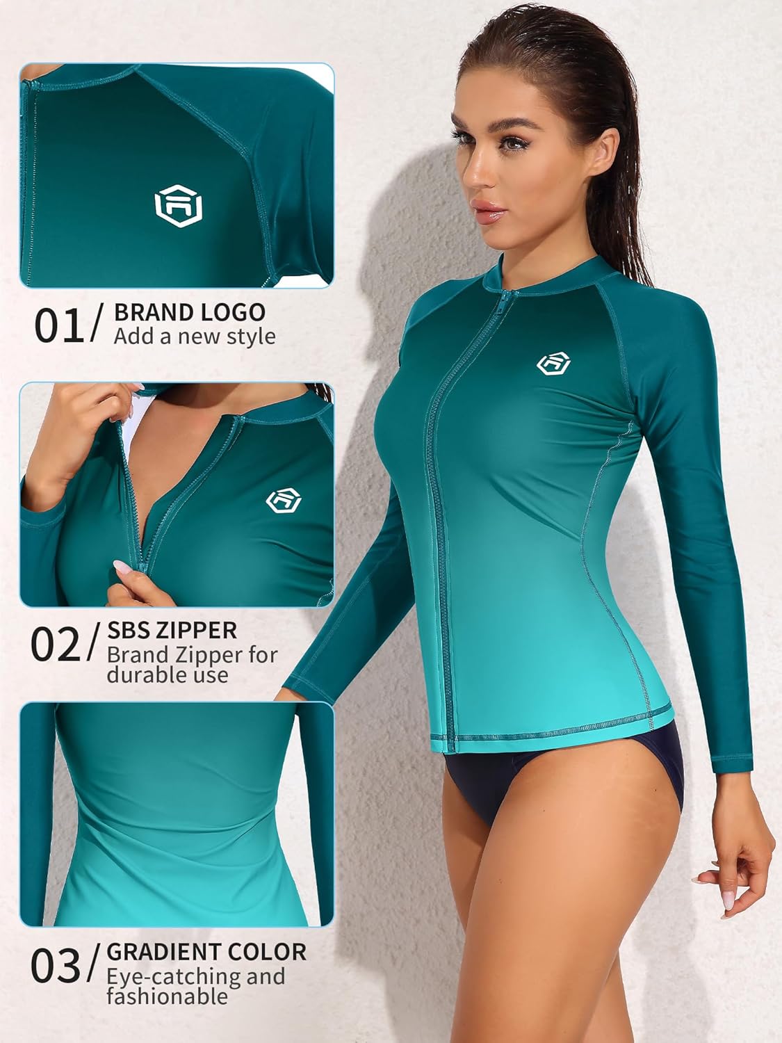 ATTRACO Women's Long Sleeve Rash Guard UV Sun Protection Zipper Gradient Swimsuit Top