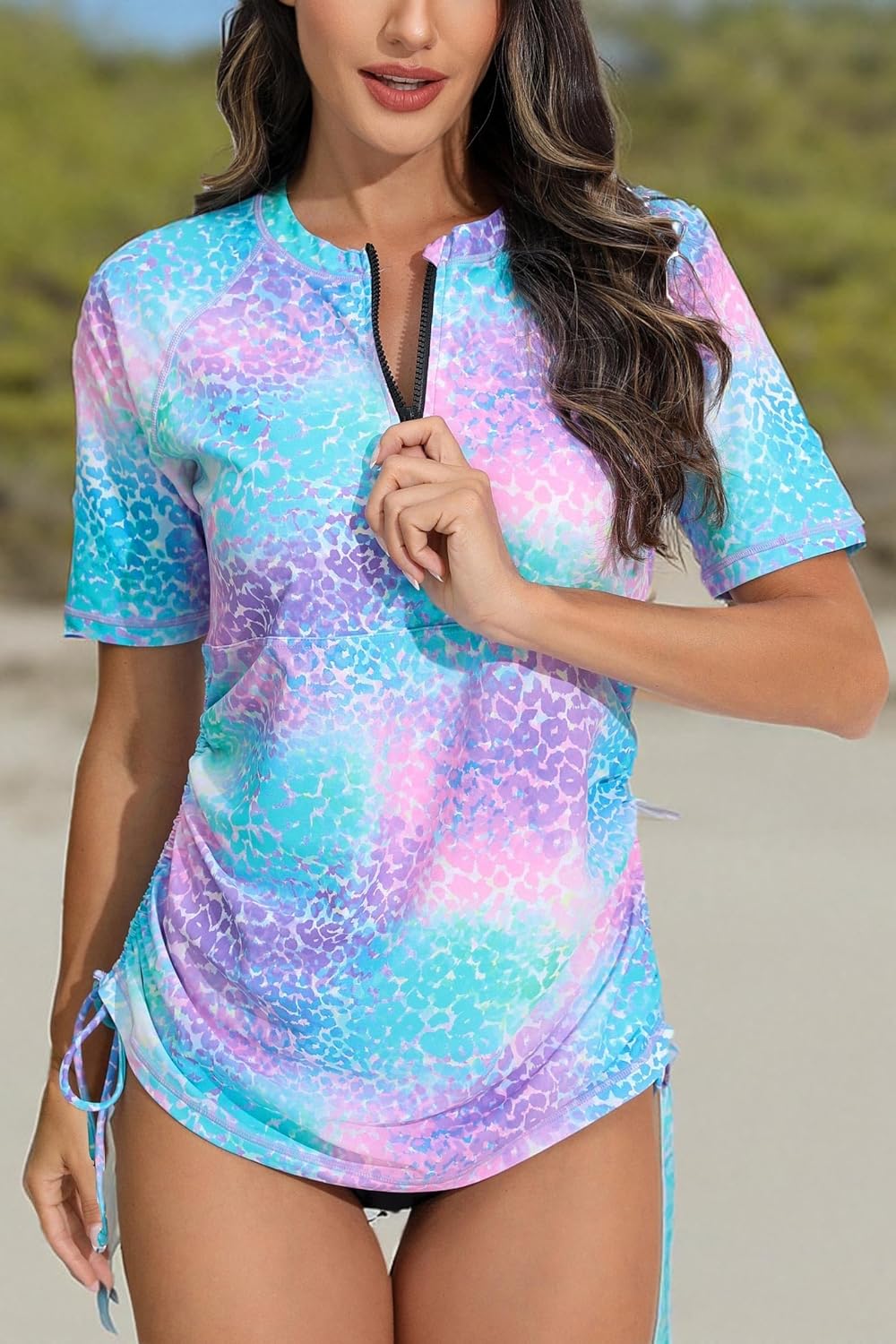 Halcurt Women's Half Zip Short Sleeve Rash Guard Swimsuit Top Ruched Swim Shirt UPF50+ Quick Dry Bathing Suit