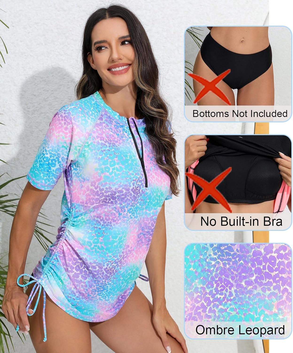 Halcurt Women's Half Zip Short Sleeve Rash Guard Swimsuit Top Ruched Swim Shirt UPF50+ Quick Dry Bathing Suit