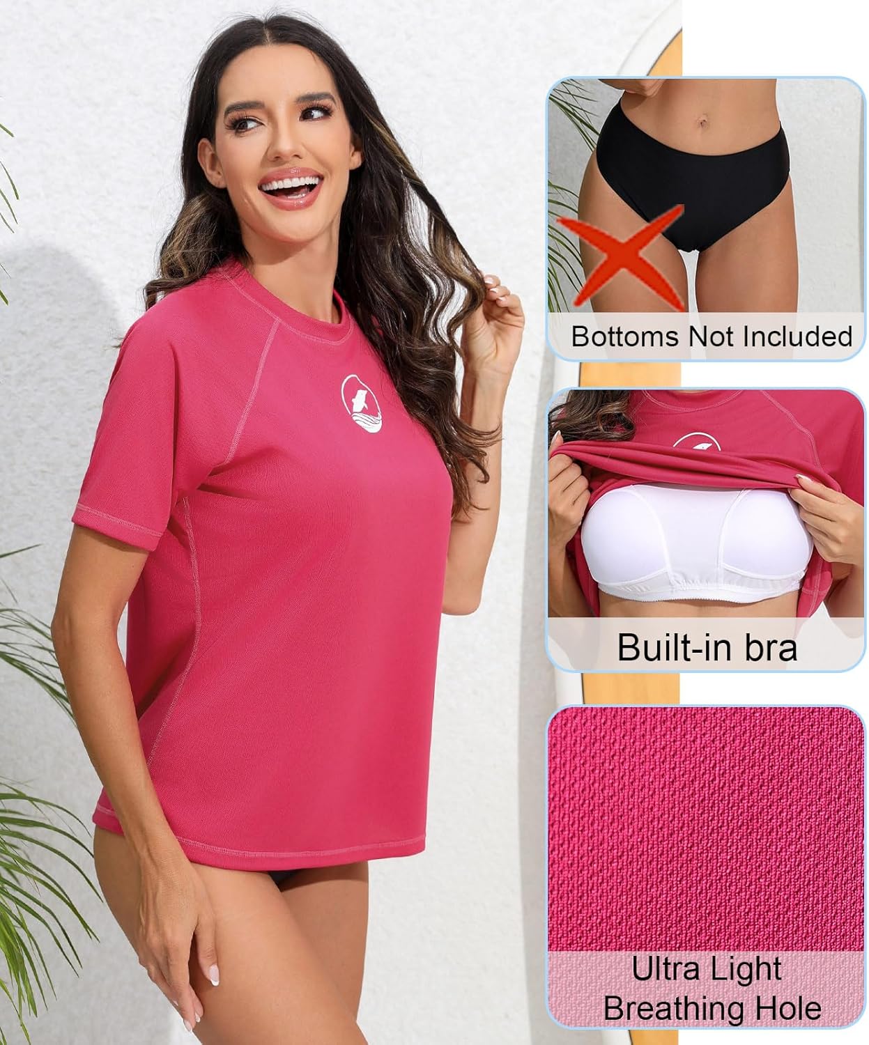 Halcurt Women's Short Sleeve Rash Guard with Built in Bra Swim Shirt UPF50+ Quick Dry Lightweight Swimsuit Top