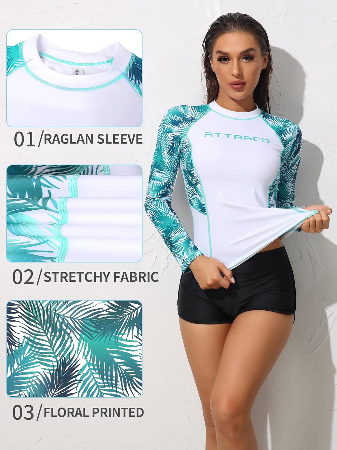 ATTRACO Women's Rash Guard Swim Shirt Long Sleeve Uv Sun Protection Quick Dry Lightweight Printed Shirts with Thumb Holes