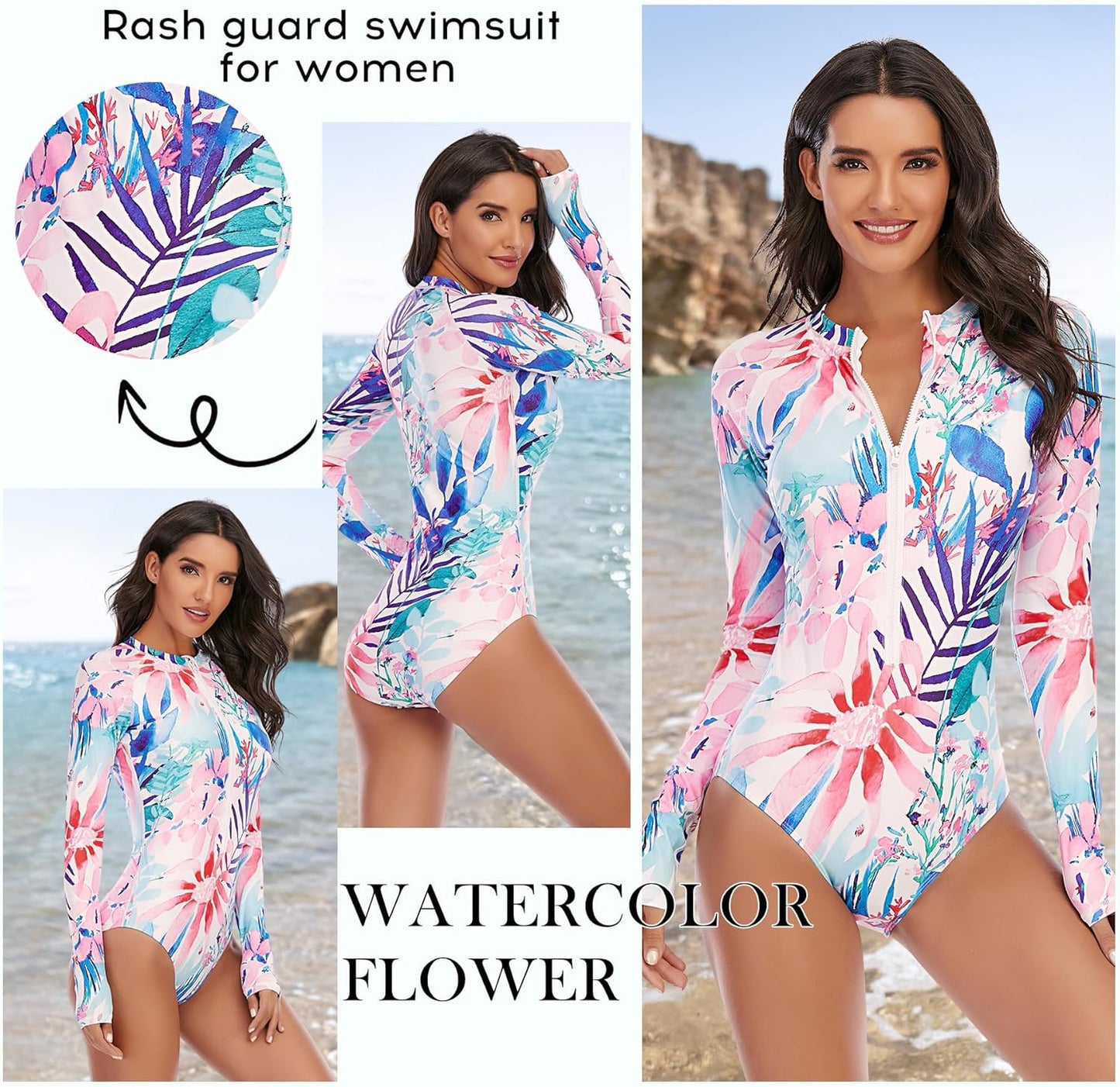 Zando Long Sleeve Swimsuit Women UPF 50+ One Piece for Womens Zip Floral Athletic Swim Wear Bathing Suit