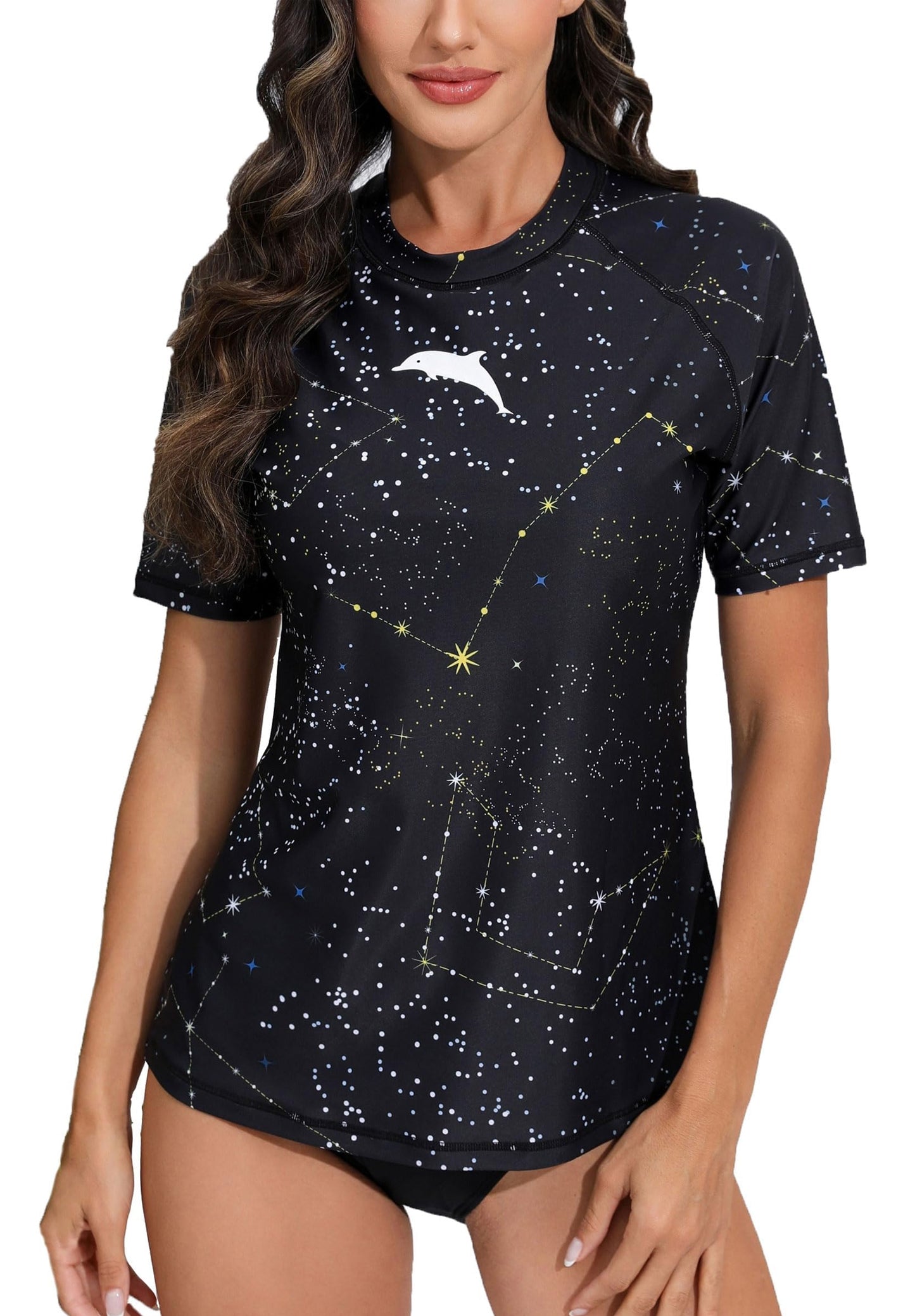 Halcurt Women's Short Sleeve Built in Bra Swim Shirt UPF50+