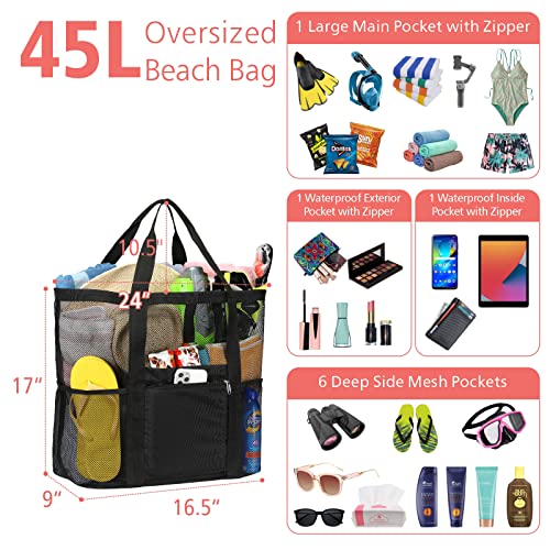 Foldable Mesh Beach Bag with 9-Pockets